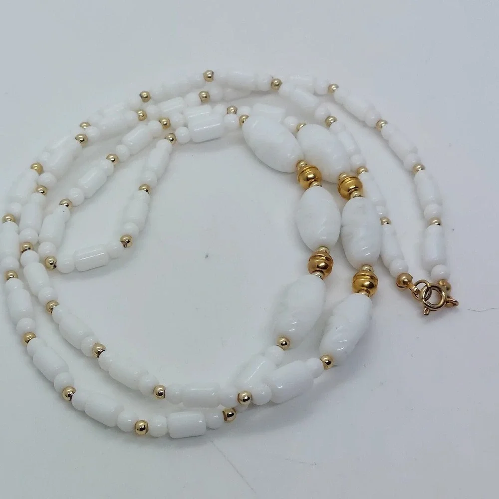 White Glass Beaded Necklace Gold‎ Tone Accent Beads Statement Necklace